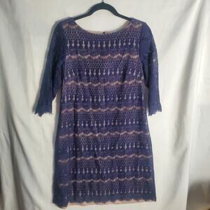 Jessica Howard Navy Lace Dress Size 14 Sheath Nude Lined 3/4 Sleeve